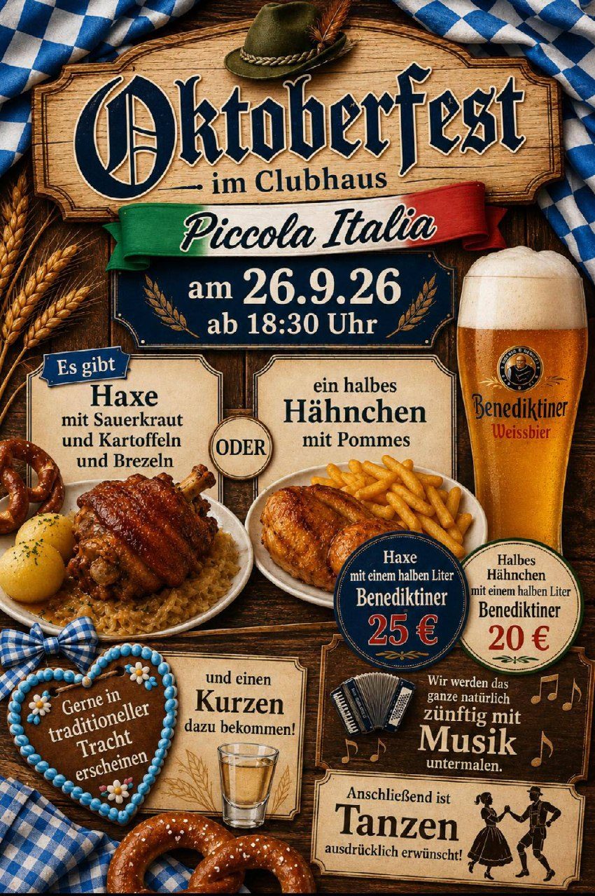 Oktoberfest im Clubhaus Piccola Italia — Haxe, Hähnchen und Benediktiner Weißbier, 26.09.2026
